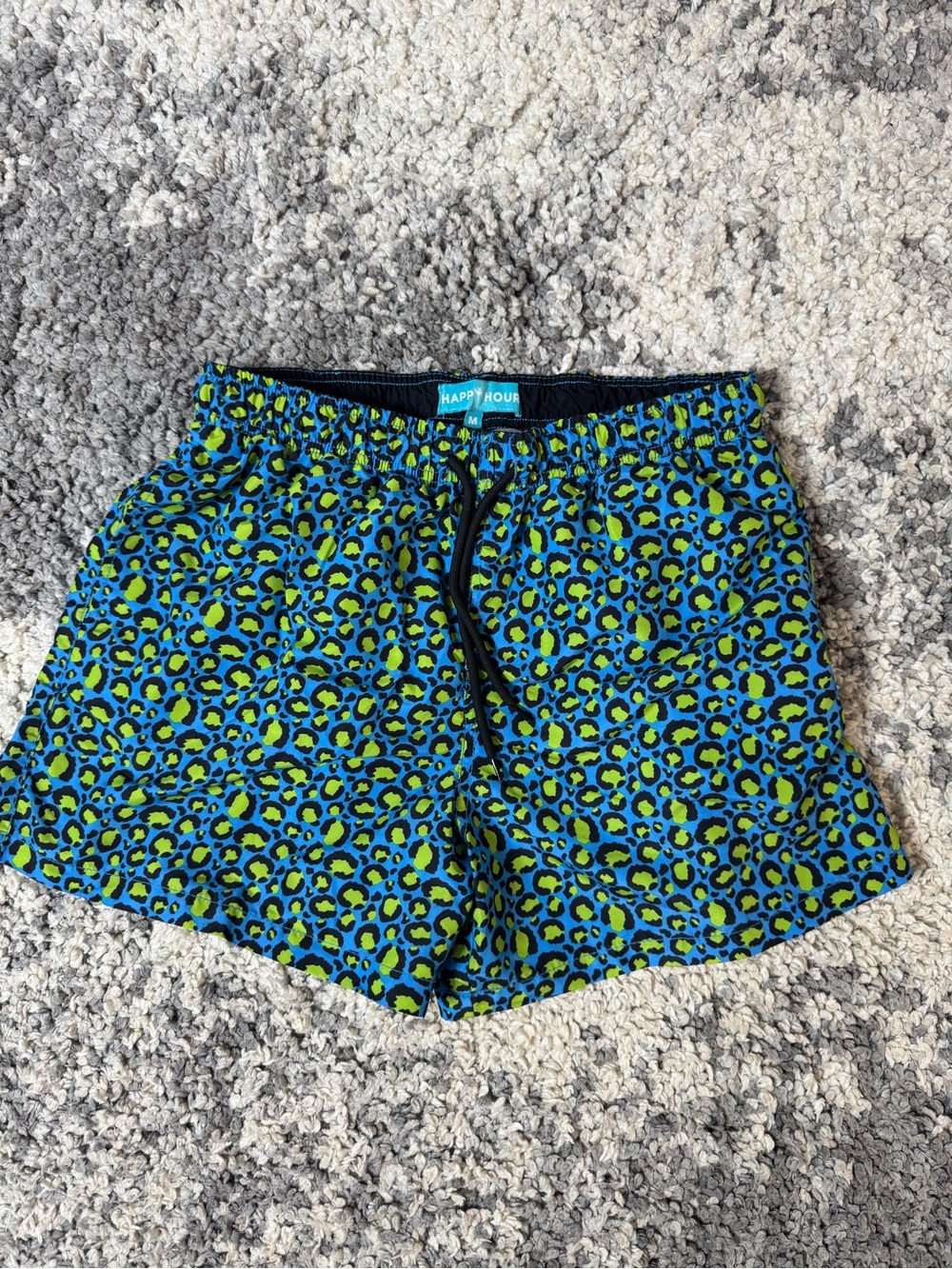 Happy Hour, Men’s Blue & Green Animal Print Leopard Swim Trunks Swimwear, Medium